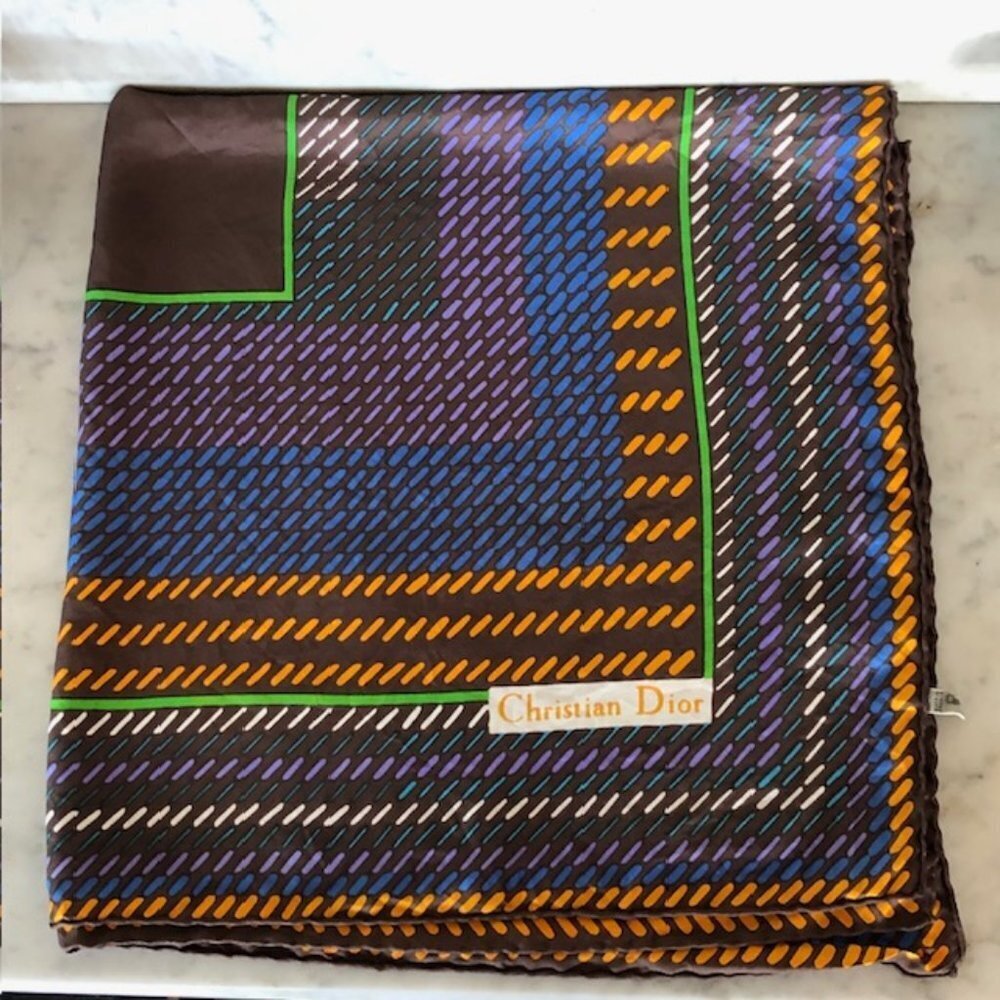 CHRISTIAN DIOR Silk Geometric Large Square Scarf Earth Tones Vintage - Picture 3 of 16